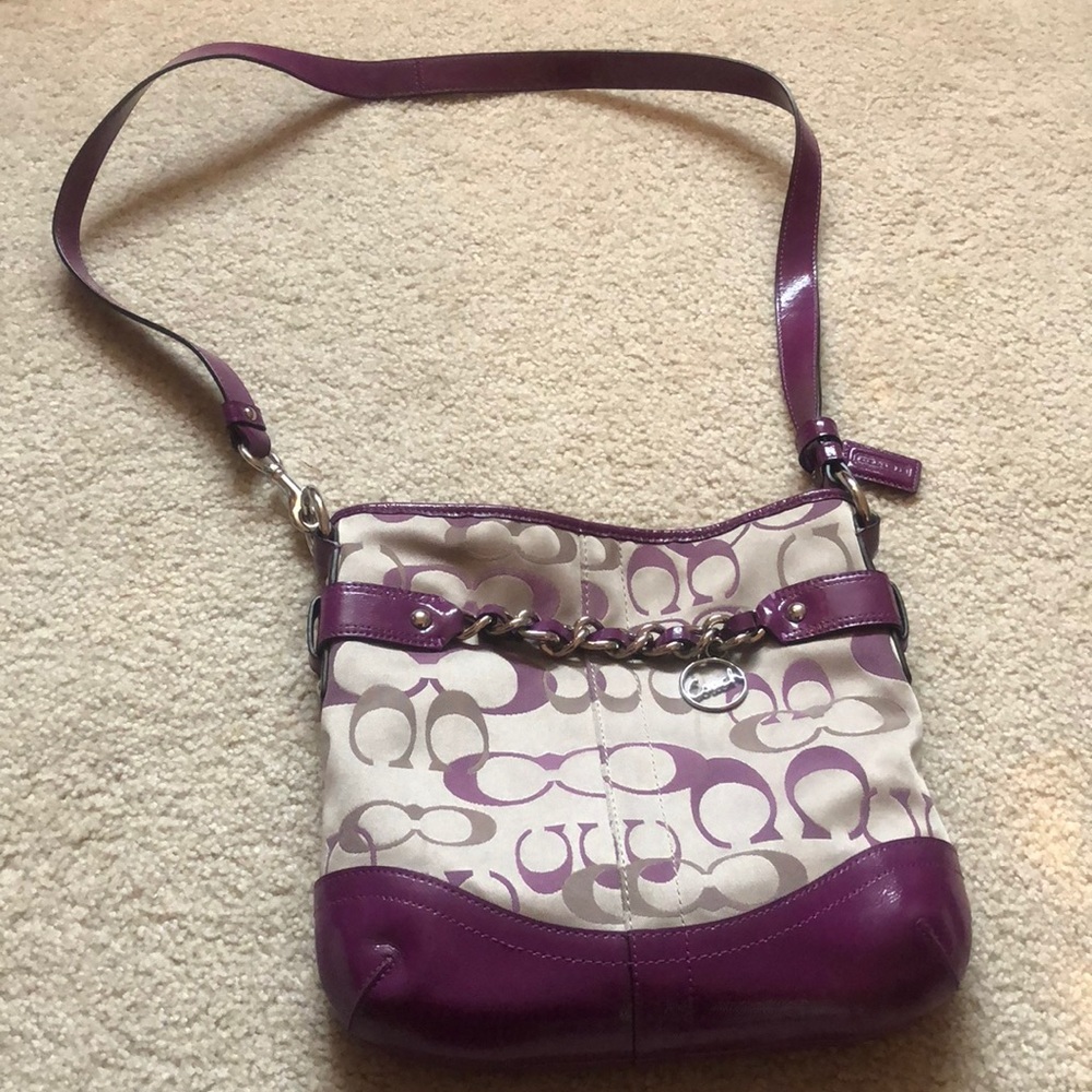 Auth logo purple and tan coach crossbody purse